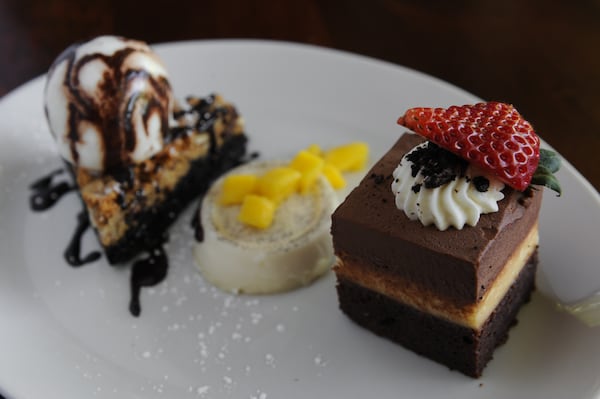 Dessert Trio- bonzo cake, tollhouse pie, vanilla bean panna cotta. (Beckysteinphotography.com)