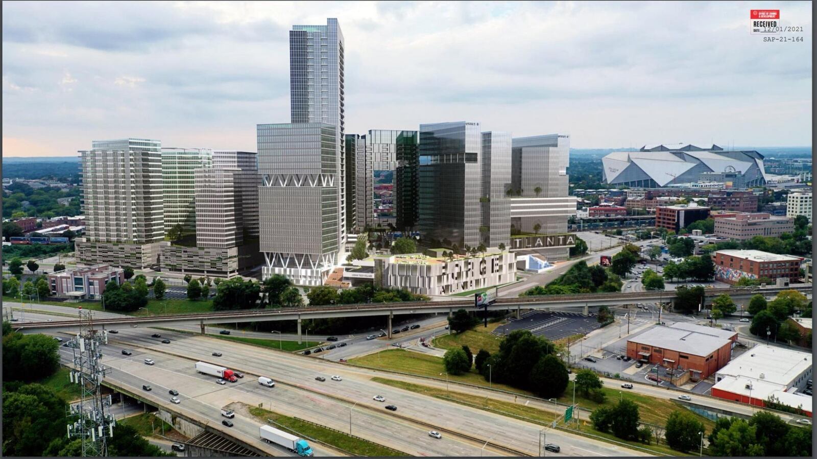 This is a rendering of the Forge Atlanta proposal by Urbantec Development Partners, which was revealed in 2021. The project fizzled out, and its site later went through foreclosure.