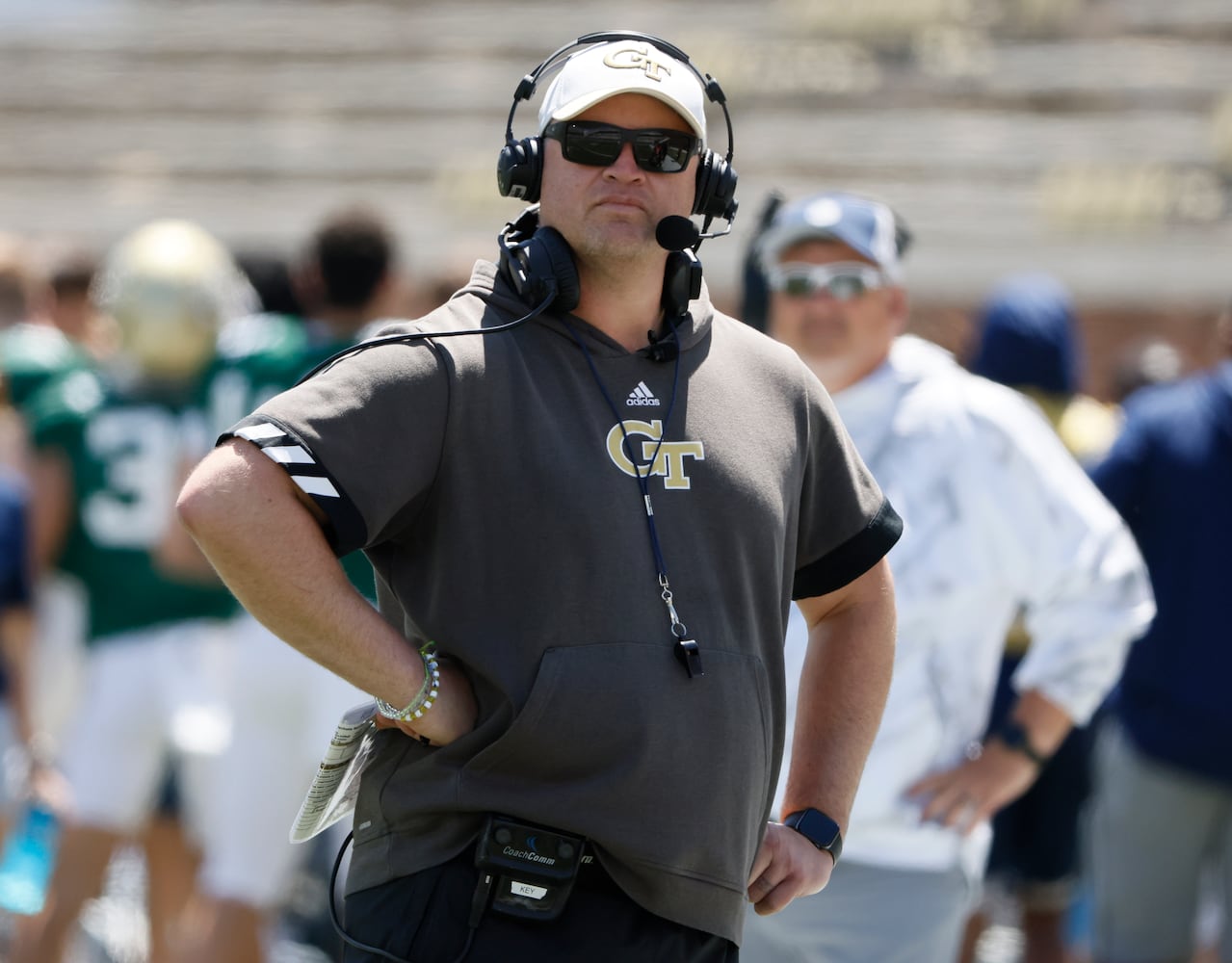 Georgia Tech head coach Brent Key keeps an eye on the action during the Spring White and Gold game at Bobby Dodd Stadium at Hyundai Field In Atlanta on Saturday, April 13, 2024.   (Bob Andres for the Atlanta Journal Constitution)