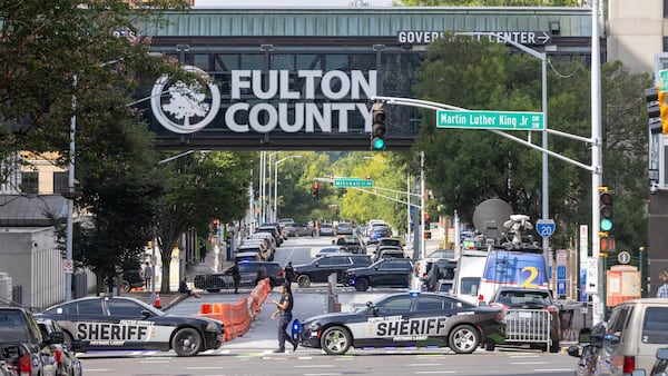 Pryor St Sw in front of the Fulton County Courthouse is closed to traffic in Atlanta Tuesday, August 8, 2023. (Steve Schaefer/steve.schaefer@ajc.com)