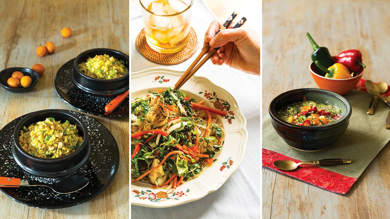 Recipes from Natalie Keng, author of “Egg Rolls & Sweet Tea: Asian Inspired, Southern Style” (Gibbs Smith, $32), include (from left) Curried Coconut-Cauliflower Fried “Rice,” Japchae-Inspired Glass Noodles with Swiss Chard, and Hot Hot Hunan Fresh Chile Sambal. (Photos courtesy of Deborah Whitlaw Llewellyn)