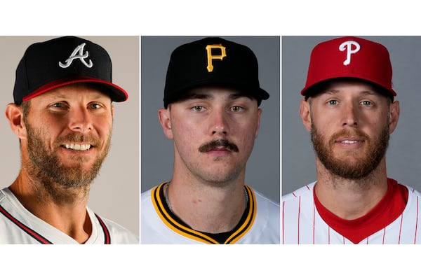 FILE - From left are baseball players, Atlanta Braves' Chris Sale, Pittsburgh Pirates' Paul Skenes and Philadelphia Phillies' Zack Wheeler. (AP Photo/File)