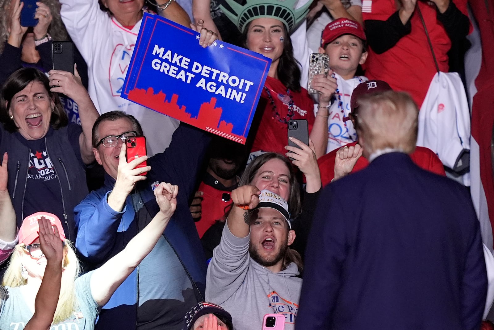 Republican presidential nominee former President Donald Trump arrives for a campaign event, Friday, Oct. 18, 2024, in Detroit. (AP Photo/Carlos Osorio)