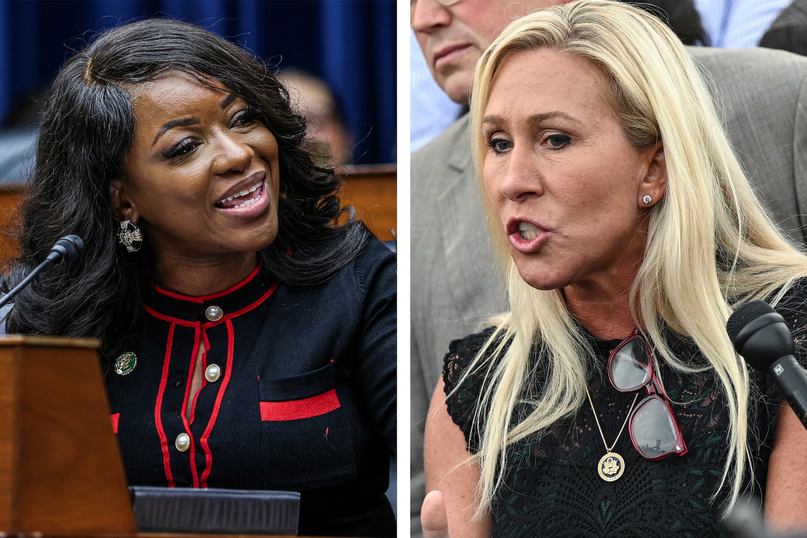 U.S. Rep. Jasmine Crockett (left), D-Texas, was taunted by U.S. Rep. Marjorie Taylor Greene (right), R-Ga., about the length of her eyelashes during a meeting of the House Oversight Committee last week.