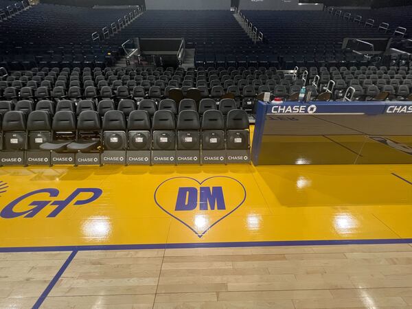 The Golden State Warriors added a tribute to the late Dejan Milojević to their court at Chase Center in San Francisco. The Warriors will play the Hawks on Jan. 24, 2024, in their first game since Milojević, a Warriors assistant coach, died Jan. 17, 2024. (Photo courtesy of Golden State Warriors)