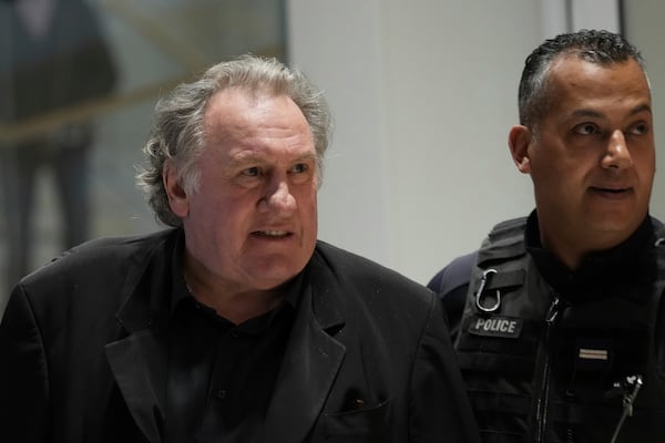 Actor Gerard Depardieu leaves for break as he faces trial for the alleged sexual assaults of two women on a film set in 2021, Monday, March 24, 2025 in Paris. (AP Photo/Aurelien Morissard)