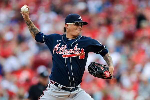 Atlanta Braves' Jesse Chavez throws during the first inning of a baseball game against the Cincinnati Reds in Cincinnati, Thursday, June 24, 2021. (AP Photo/Aaron Doster)