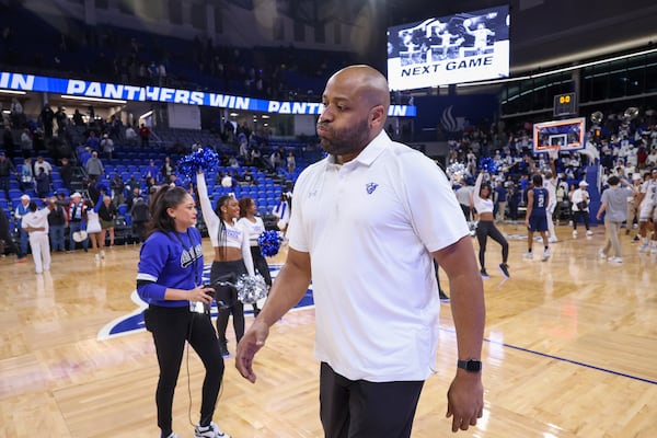 Georgia State Panthers head coach Jonas Hayes reacts after the Panthers' 64-60 win against Georgia Southern in a NCAA men’s basketball game at the Georgia State Convocation Center, Thursday, February 2, 2023, in Atlanta. Jason Getz / Jason.Getz@ajc.com)
