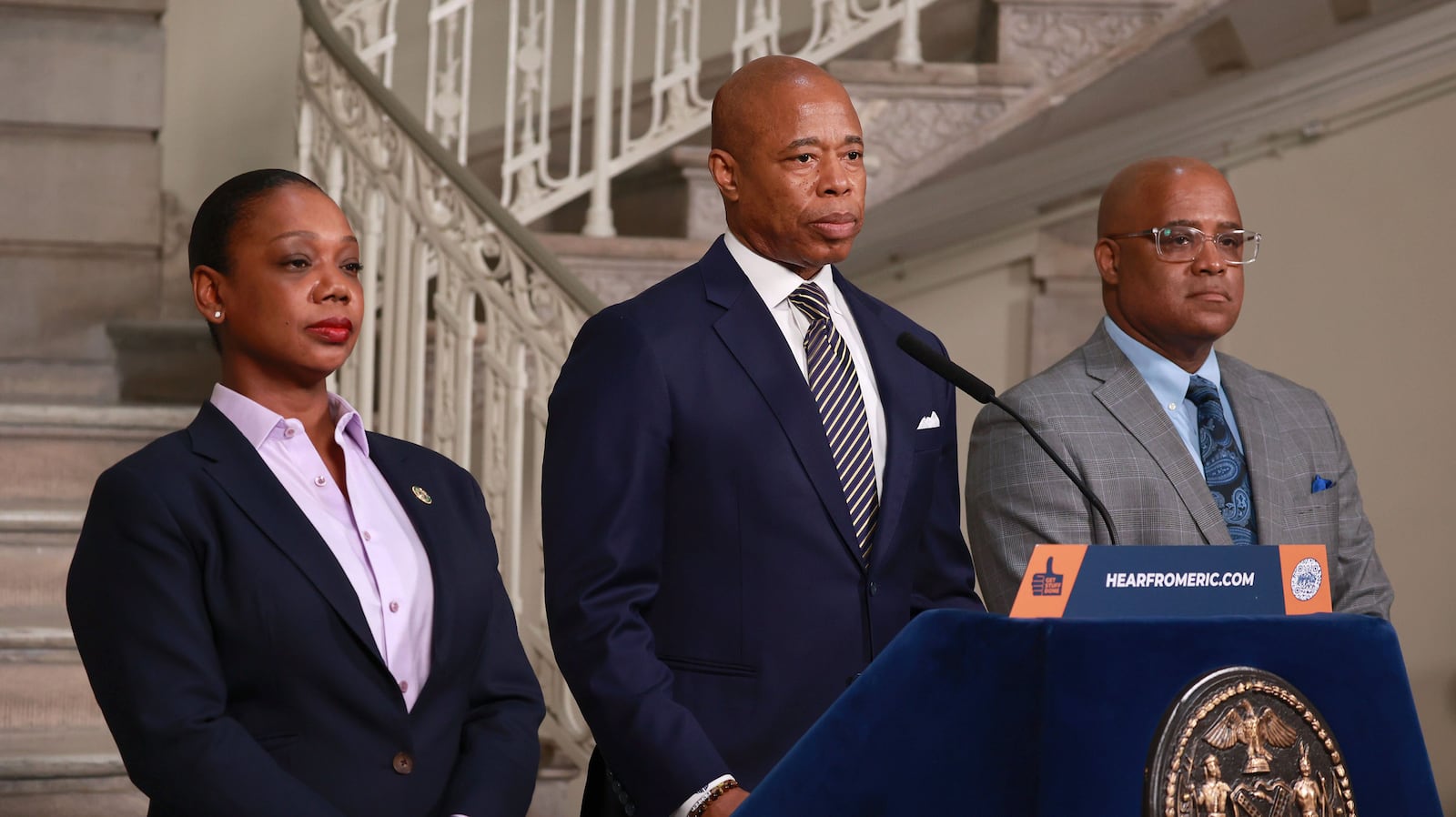 New York City Mayor Eric Adams, center, speaks from the podium during a press conference at City Hall, flanked by New York Police Department Commissioner Keechant Sewell, left, and Phillip Banks, deputy mayor of New York City for public safety, on Monday, April 3, 2023. (Luiz C. Ribeiro/New York Daily News/TNS)