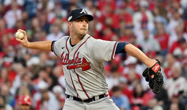 Braves' Jake Odorizzi delivers to the Philadelphia Phillies during the fifth inning of Game 3 of the National League Division Series at Citizens Bank Park in Philadelphia on Friday, October 14, 2022. (Hyosub Shin / Hyosub.Shin@ajc.com)