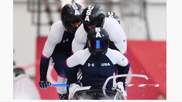 Chris Kinney (third from front) is seen competing at the 2018 Winter Olympics in PyeongChang.