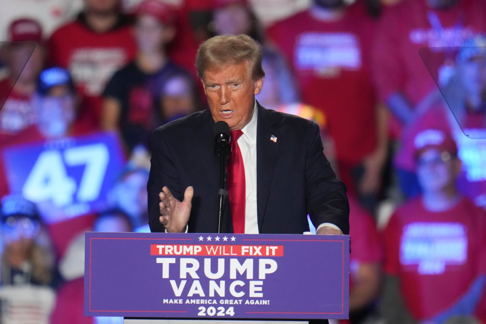 Republican presidential nominee former President Donald Trump speaks at a campaign rally at Macomb Community College Friday, Nov. 1, 2024, in Warren, Mich. (AP Photo/Paul Sancya)