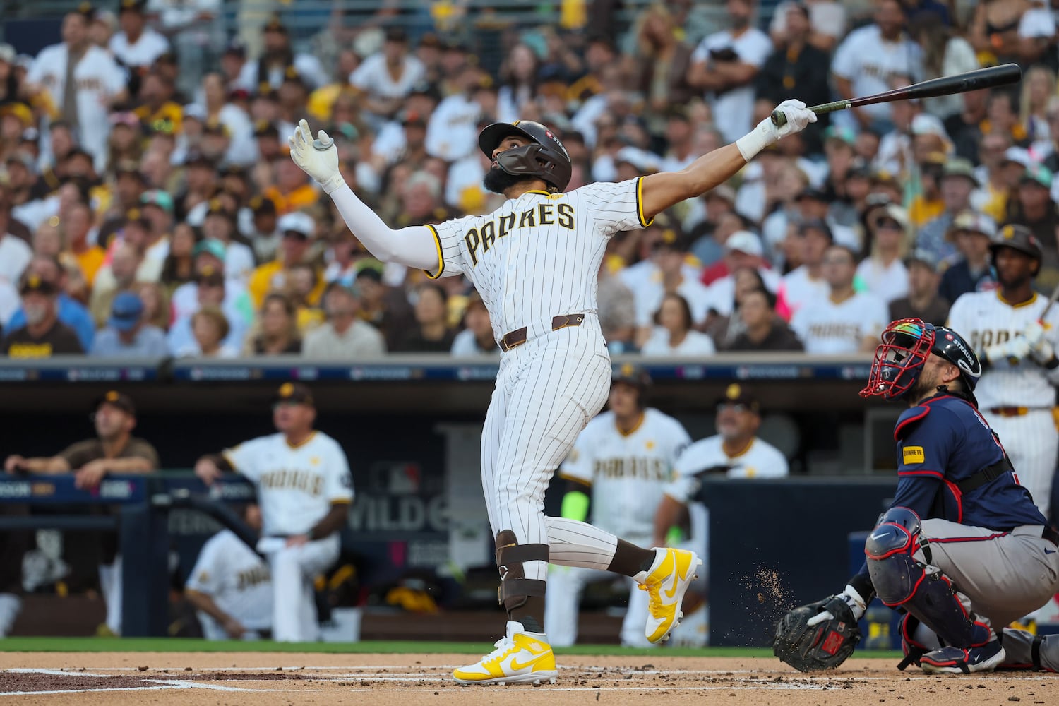 San Diego Padres’ Fernando Tatis Jr. hits a 2-RBI home run against the Atlanta Braves during the first inning of National League Division Series Wild Card Game One at Petco Park in San Diego on Tuesday, Oct. 1, 2024. The Braves fell 4-0.  (Jason Getz / Jason.Getz@ajc.com)