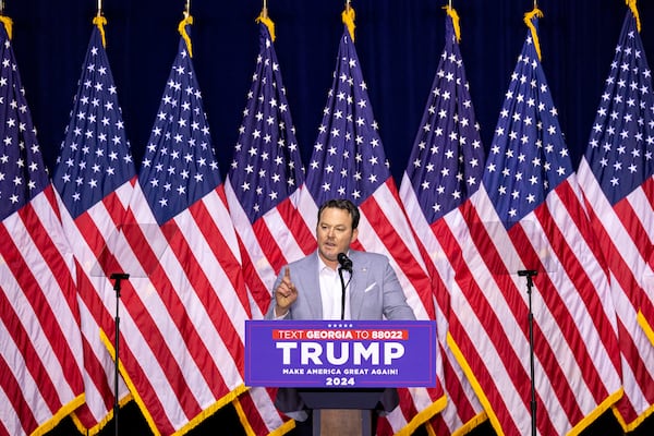 Georgia Lt. Gov. Burt Jones speaks at a rally for Republican presidential candidate and former president Donald Trump at Forum River Center in Rome on Saturday, March 9, 2024. (Arvin Temkar / arvin.temkar@ajc.com)