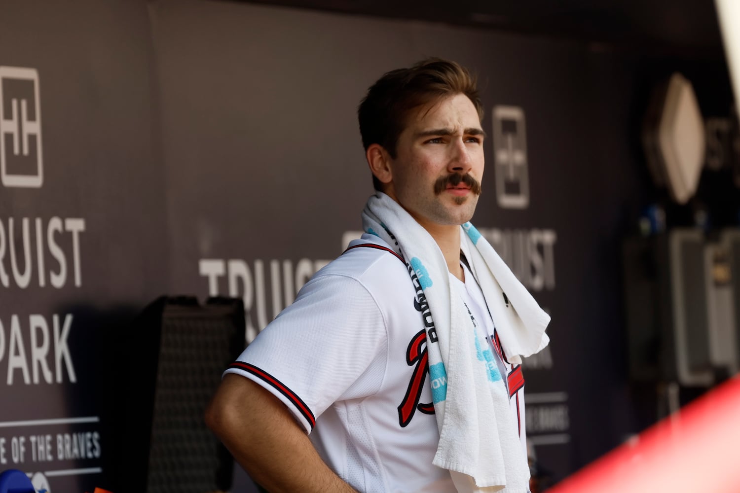 Braves starting pitcher Spencer Strider reached the 200-strikeout mark in Sunday’s 5-2 win against the Phillies at Truist Park. (Miguel Martinez / miguel.martinezjimenez@ajc.com)