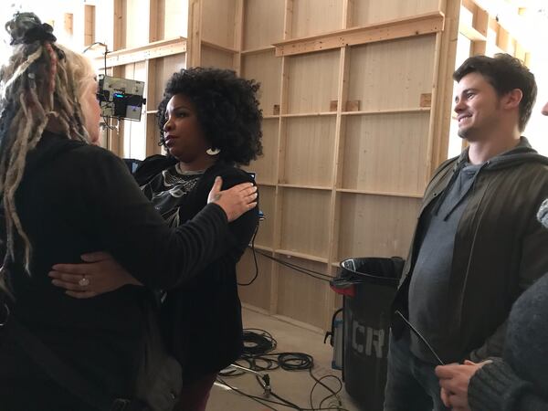  Director Jen Lynch bonds with Kimberly Hebert Gregory (Yvette) while lead Jason Ritter (Kevin) chuckles. CREDIT: Rodney Ho/rho@ajc.com