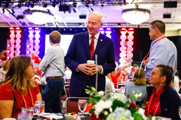 Presidential hopeful Asa Hutchinson speaks to attendees of the Georgia GOP convention breakfast in Columbus on Saturday, June 10, 2023. (Arvin Temkar/The Atlanta Journal-Constitution)