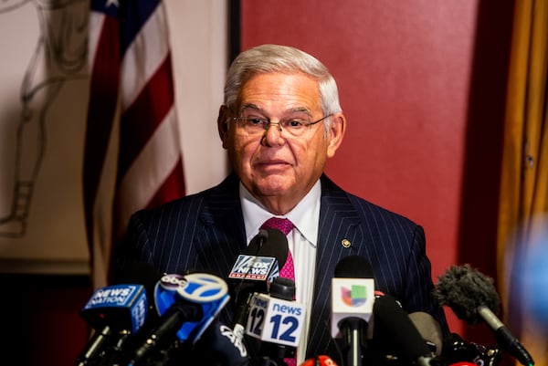 Sen. Robert Menendez (D-N.J.) speaks at a news conference in Union City, N.J., Sept. 25, 2023. The appearance, where he said he will not resign, was his first time speaking publicly since being charged with taking bribes in exchange for exerting political influence. (Andrew Seng/The New York Times)
                      