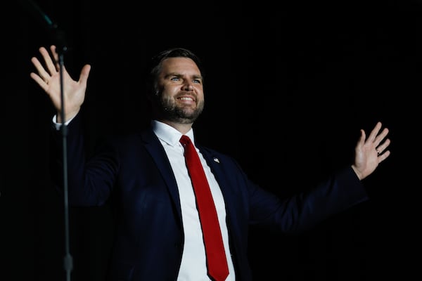 Republican vice presidential nominee Sen. JD Vance, R-Ohio, greets the attendees on Monday, September 16, 2024, during Georgia Faith & Freedom Coalition’s annual dinner at Cobb Galleria Centre in Atlanta.
(Miguel Martinez / AJC)