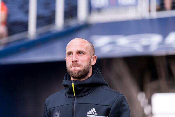 Atlanta United Interim head coach Rob Valentino walks out onto the pitch before the match against FC Cincinnati Wednesday, July 21, 2021, at TQL Stadium in Cincinnati. (Jacob Gonzalez/Atlanta United)