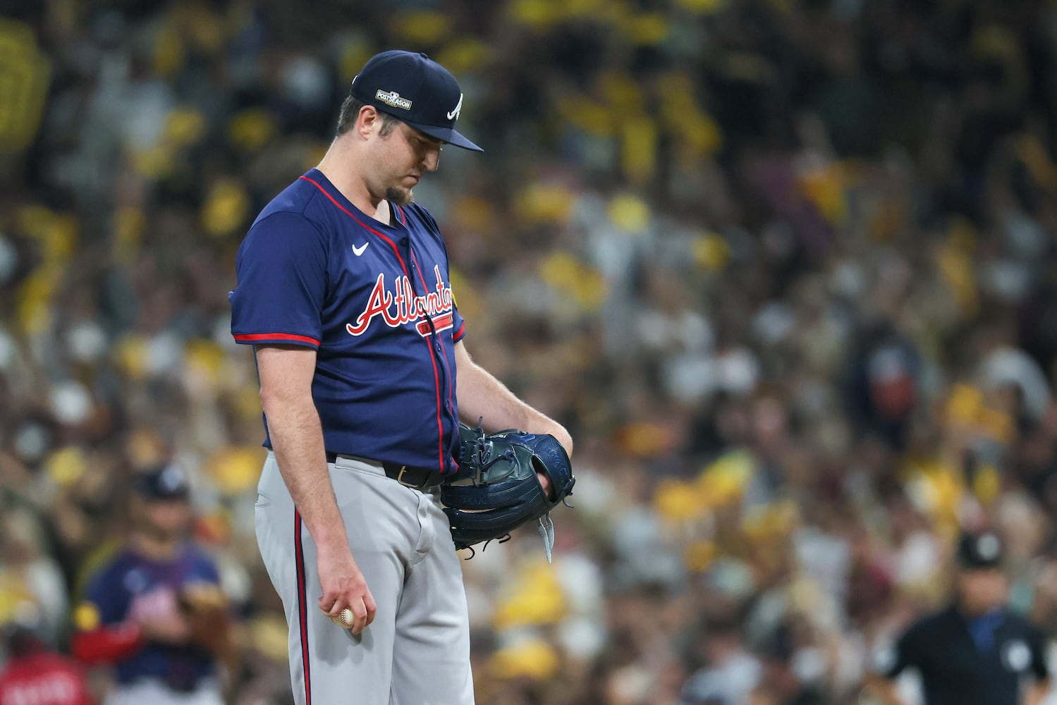 Atlanta Braves pitcher Luke Jackson (22) reacts after delivering a home run pitch to San Diego Padres’ Kyle Higashioka during the ninth inning of National League Division Series Wild Card Game One at Petco Park in San Diego on Tuesday, Oct. 1, 2024.   (Jason Getz / Jason.Getz@ajc.com)