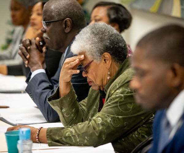 City Council Naeema Gilyard reacts during a hearing to remove Mayor Bill Edwards and councilwoman Helen Zenobia Willis at the South Fulton City Hall, Dec. 30, 2019. STEVE SCHAEFER / SPECIAL TO THE AJC