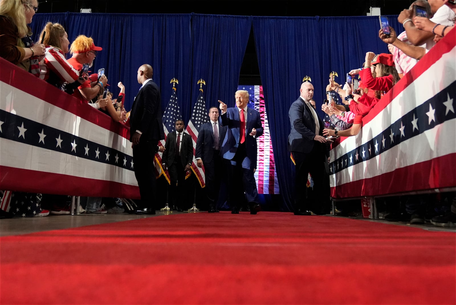 Republican presidential nominee former President Donald Trump arrives at a campaign town hall at the Greater Philadelphia Expo Center & Fairgrounds, Monday, Oct. 14, 2024, in Oaks, Pa. (AP Photo/Alex Brandon)