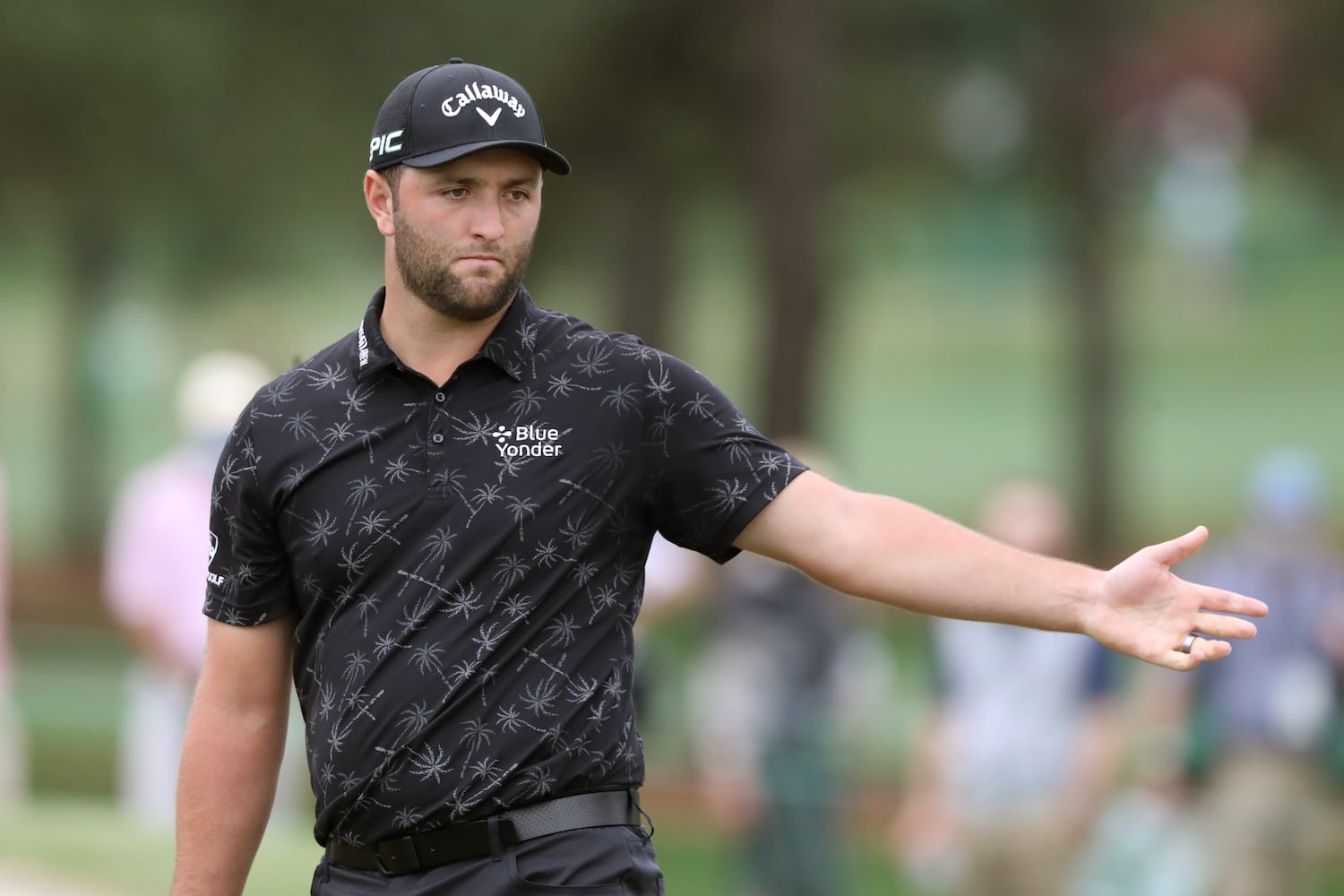 April 10, 2021, Augusta: Jon Rahm reacts to missing a birdie putt on the second hole during the third round of the Masters at Augusta National Golf Club on Saturday, April 10, 2021, in Augusta. Curtis Compton/ccompton@ajc.com