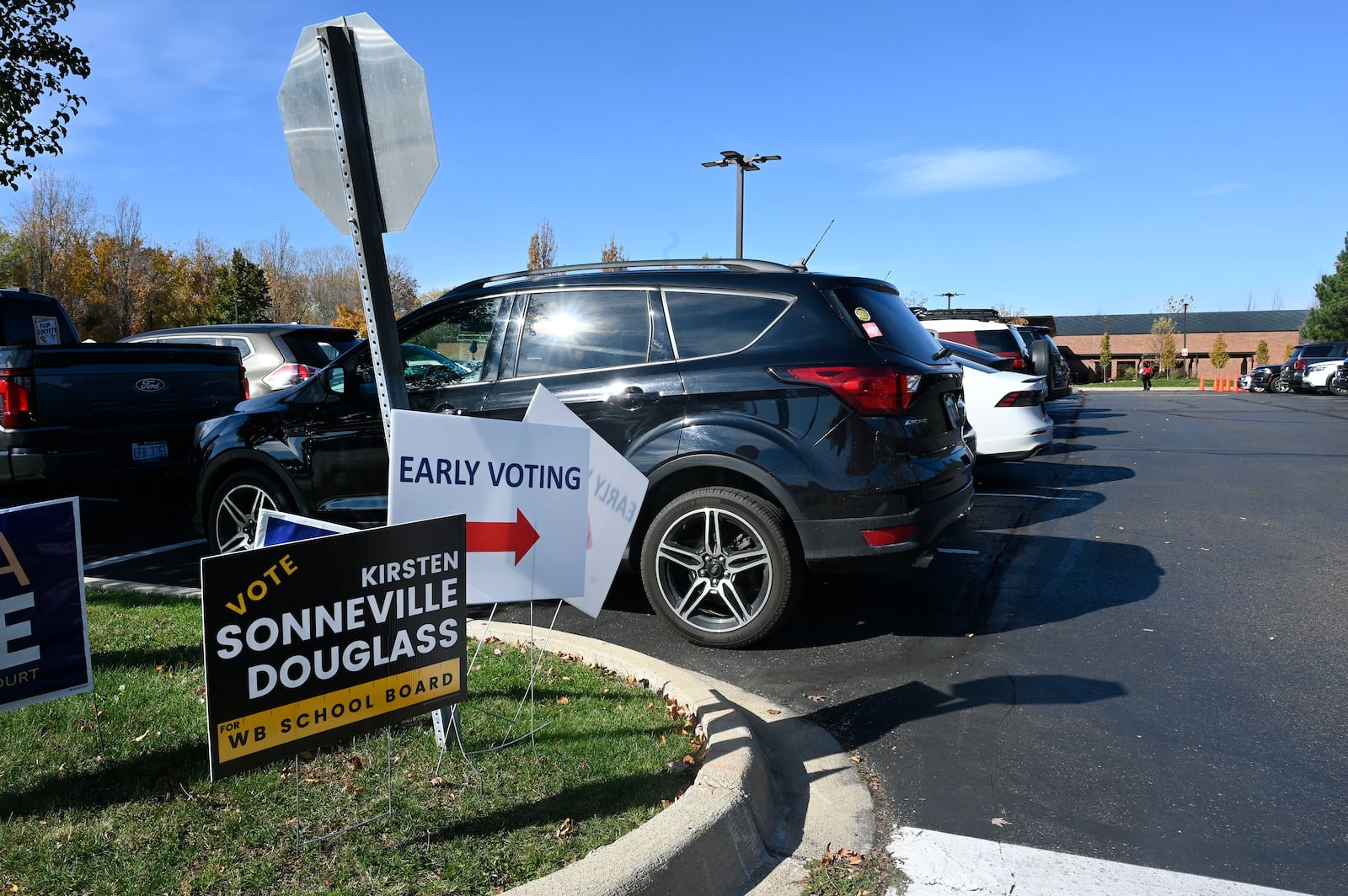 A sign in the parking lot of the West Bloomfield Township Public Library points the way where early voters can cast their ballots, Sunday, Oct. 27, 2024, in West Bloomfield Township, Mich. (AP Photo/Jose Juarez)