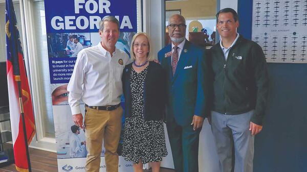 From left to right: Georgia Gov. Brian Kemp, Georgia Research Alliance President Susan Shows, state Rep. Calvin Smyre and Lt. Gov. Geoff Duncan, pose for a picture. The alliance is embarking on a five-year effort to find treatments for sickle cell disease. Kemp announced the upcoming fiscal year budget will include the funds to create an endowed chair in honor of Smyre, the longest-serving member of the Georgia Legislature. PHOTO CONTRIBUTED.