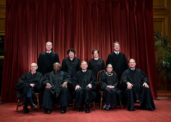 The justices of the U.S. Supreme Court on Nov. 30, 2018.  Front row, from left: Associate Justice Stephen Breyer, Associate Justice Clarence Thomas, Chief Justice John Roberts, Associate Justice Ruth Bader Ginsburg and Associate Justice Samuel Alito. Back row, from left: Associate Justice Neil Gorsuch, Associate Justice Sonia Sotomayor, Associate Justice Elena Kagan and Associate Justice Brett Kavanaugh.