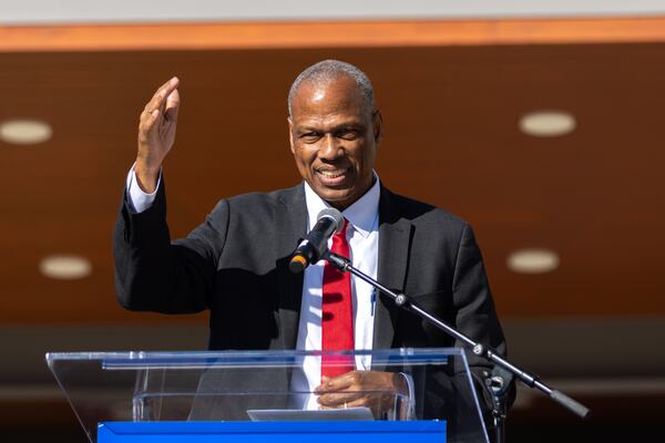 Egbert Perry, chairman of the Integral Group, speaks at the grand opening ceremony for the new apartment building Veranda at Assembly in Doraville on Thursday, September 19, 2024. The Assembly redevelopment site was formerly a GM plant. Arvin Temkar/AJC