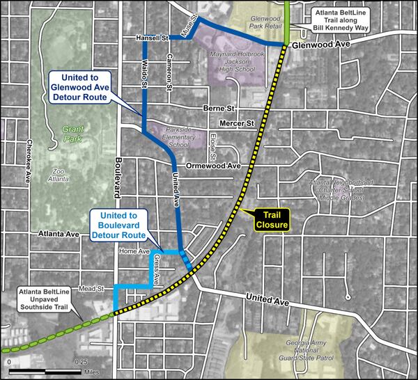 One of four suggested detour routes for Atlanta Beltline trail users while a section of the Southside Trail is closed for construction.