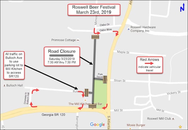 This is a map of the road closures for the 2019 Roswell Beer Festival. (City of Roswell)