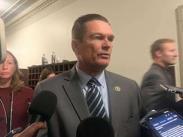 Georgia's U.S. Rep. Austin Scott, R-Tifton, speaks to reporters after House Republicans vote on a nominee for speaker on Friday, Oct. 13, 2023. (Tia Mitchell / Tia.Mitchell@ajc.com)