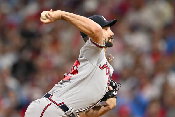 Atlanta Braves starting pitcher Spencer Strider (99) delivers to the Philadelphia Phillies during the first inning of NLDS Game 4 at Citizens Bank Park in Philadelphia on Thursday, Oct. 12, 2023.   (Hyosub Shin / Hyosub.Shin@ajc.com)