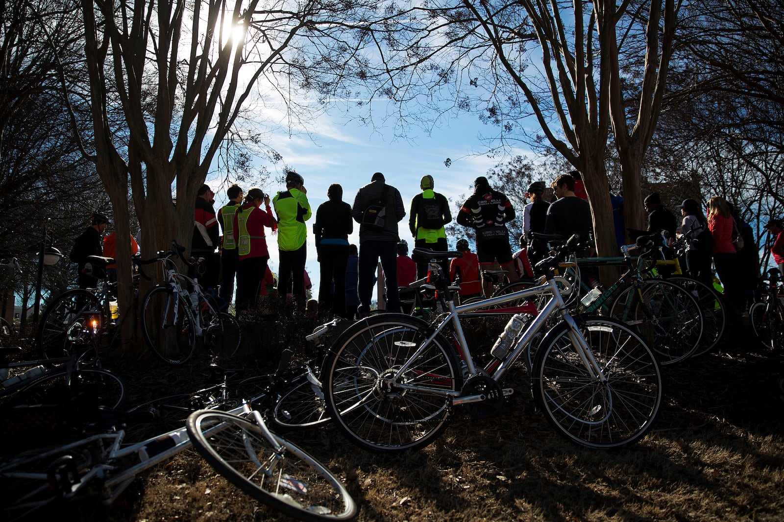 Bicyclists gather for the annual Let Freedom Ring Ride outside Ebenezer Baptist Church, during a holiday service inside for Rev. Martin Luther King Jr., Monday, Jan. 19, 2015, in Atlanta. The ride brings together bicyclists who pedal from the old DeKalb Court house in Decatur, Ga., about 13 miles to the King Center and Ebenezer Baptist Church each year in honor of the Rev. Martin Luther King Jr. (AP Photo/David Goldman)