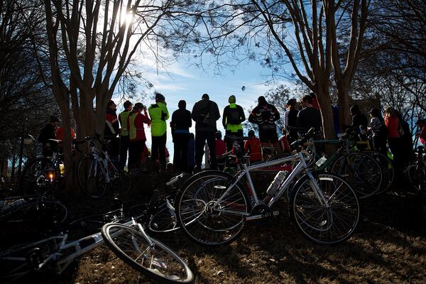 Bicyclists gather for the annual Let Freedom Ring Ride outside Ebenezer Baptist Church, during a holiday service inside for Rev. Martin Luther King Jr., Monday, Jan. 19, 2015, in Atlanta. The ride brings together bicyclists who pedal from the old DeKalb Court house in Decatur, Ga., about 13 miles to the King Center and Ebenezer Baptist Church each year in honor of the Rev. Martin Luther King Jr. (AP Photo/David Goldman)