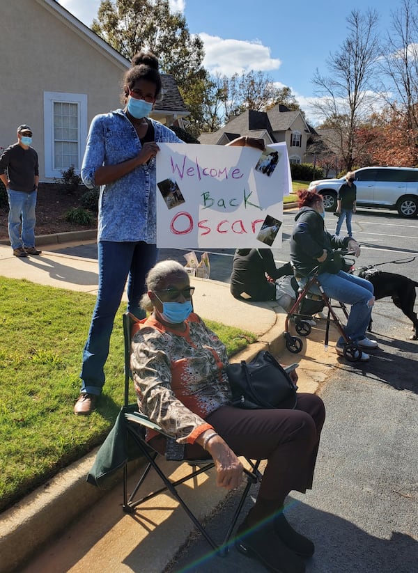 The Windsong Plantation neighborhood had a party for the dog and his reunited owners. 
Courtesy of Phyllis Perez and Leslie Meadows.