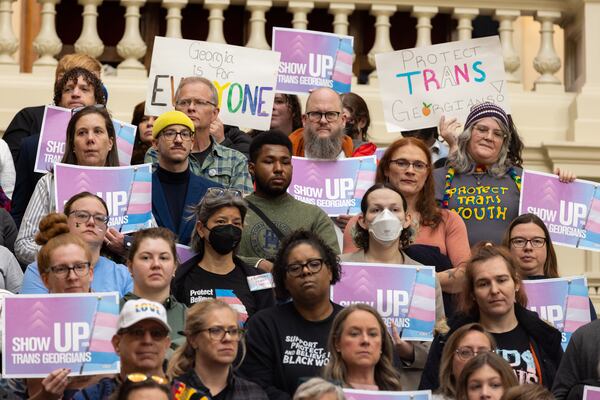 Advocates for transgender rights rally on the first day of the legislative session at the Capitol in Atlanta on Monday, January 13, 2025. (Arvin Temkar / AJC)