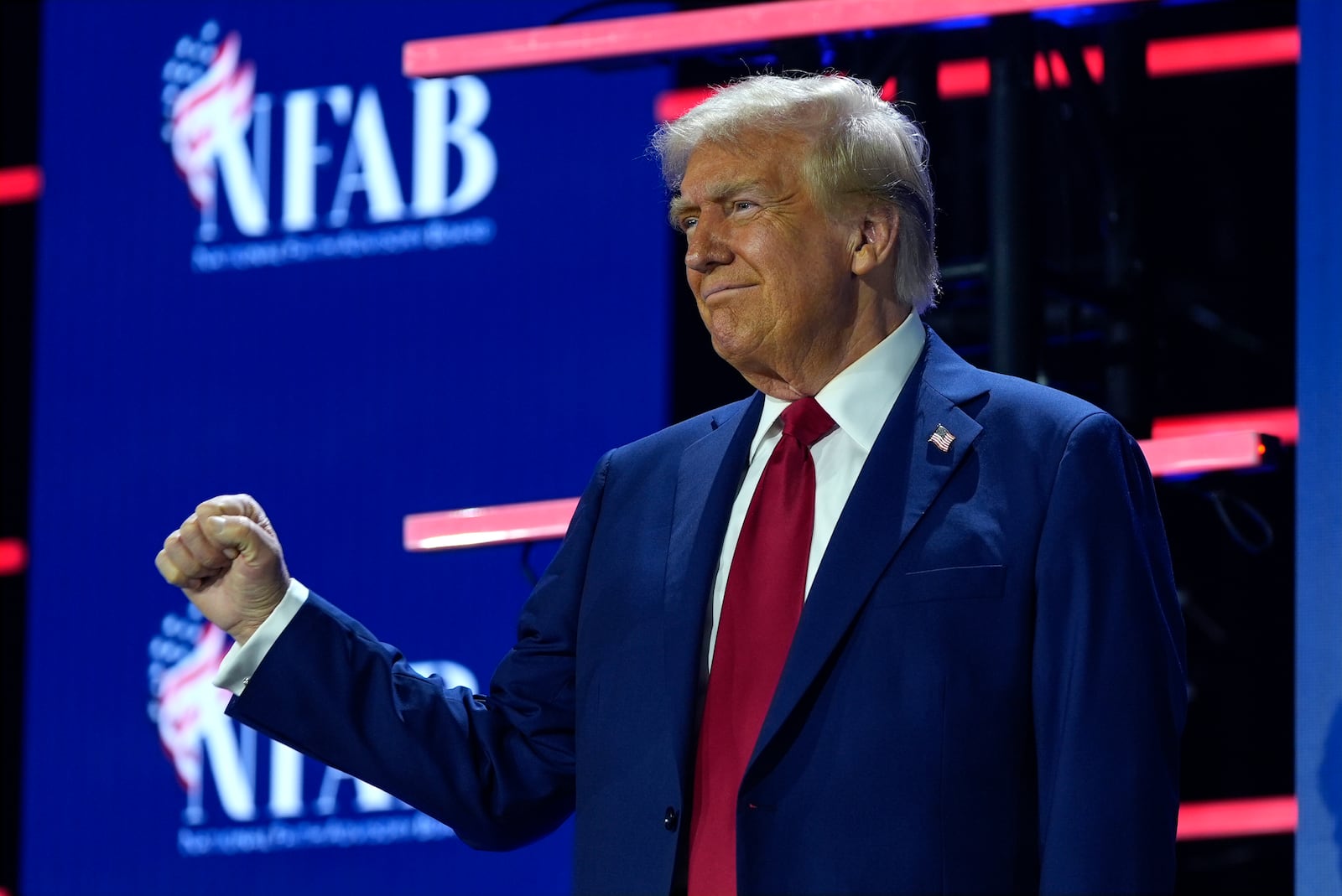 Republican presidential nominee former President Donald Trump arrives for the National Faith Summit at Worship With Wonders Church, Monday, Oct. 28, 2024, in Powder Springs, Ga. (AP Photo/Julia Demaree Nikhinson)