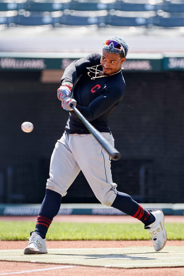 Cleveland Indians' Francisco Lindor bats during baseball practice at Progressive Field, Monday, July 6, 2020, in Cleveland. (AP Photo/Ron Schwane)