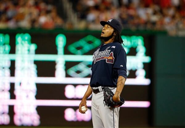 Atlanta Braves starting pitcher Ervin Santana pauses on the mound during the second inning of a baseball game against the Washington Nationals at Nationals Park, Tuesday, Sept. 9, 2014, in Washington. (AP Photo/Alex Brandon) Kind of says it all, doesn't it? (Alex Brandon/AP)