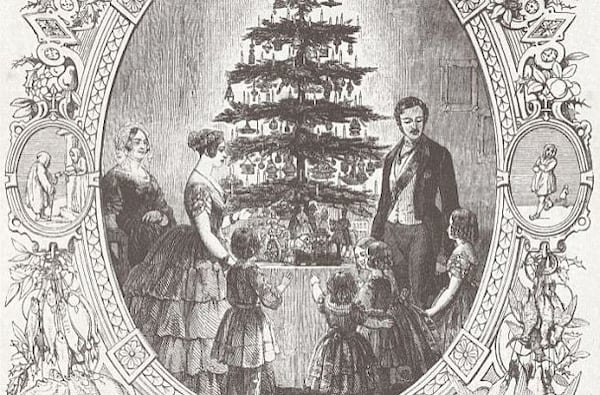 Prince Albert is credited with introducing the Christmas Tree in Victorian England in the 1840s, replicating the tradition from his German childhood. This illustration from the time shows him and Queen Victoria with their family Christmas tree.