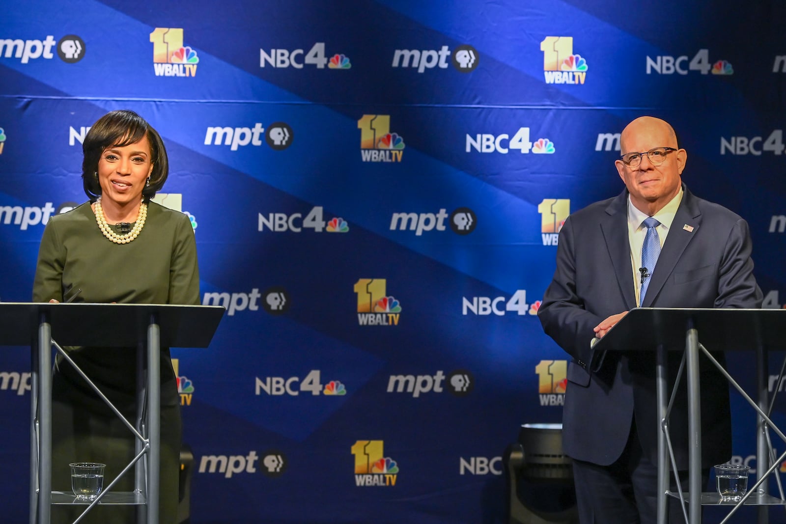 In this photo provided by Maryland Public Television, U.S. Senate in Maryland candidate, Democrat Angela Alsobrooks speaks during a debate against fellow-candidate, Republican Larry Hogan at Maryland Public Television in Owings Mills, Md., Thursday, Oct. 10, 2024. (Michael Ciesielski Photography/Maryland Public Television via AP)