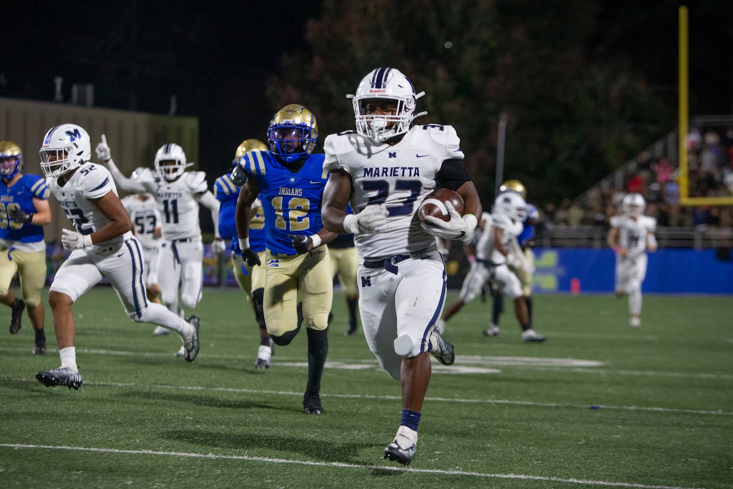 Melvin Alexander, running back Marietta, runs the ball during the Marietta vs. McEachern High School Football game on Friday, October 14, 2022, at McEachern High School in Powder Springs, Georgia. Marietta defeated McEachern 34-16.    CHRISTINA MATACOTTA FOR THE ATLANTA JOURNAL-CONSTITUTION.