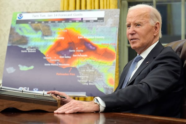 President Joe Biden speaks during a meeting with senior officials as he is briefed on the federal response to the wildfires across Los Angeles during a meeting at the White House in Washington on Monday.