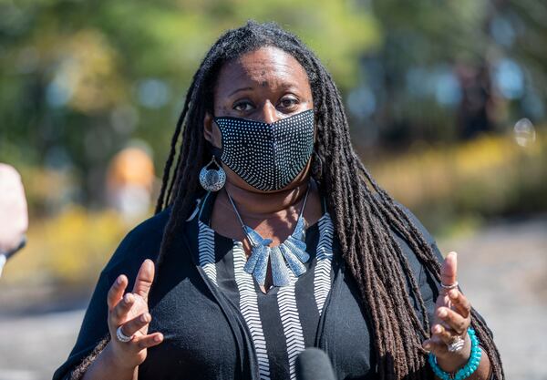 10/6/2020 - Stone Mountain, Georgia - Meymoona Freeman, co-chair of the Stone Mountain Action Coalition, speaks about the changes that SMAC is interested in seeking to create a new narrative around Stone Mountain Park in Stone Mountain, Tuesday, October 6, 2020. (Alyssa Pointer / Alyssa.Pointer@ajc.com)