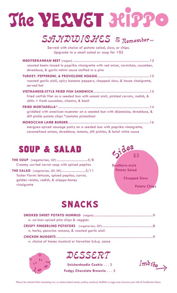 The Velvet Hippo menu