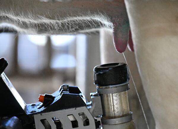 The DeLaval robotic arm detaches from a cow's udder at Georgia's first robotic dairy, Hillcrest Farms in Dearing Georgia. The family farm invested in five robotic milkers to stay efficient in the hyper-competitive dairy business. (Hyosub Shin / Hyosub.Shin@ajc.com)